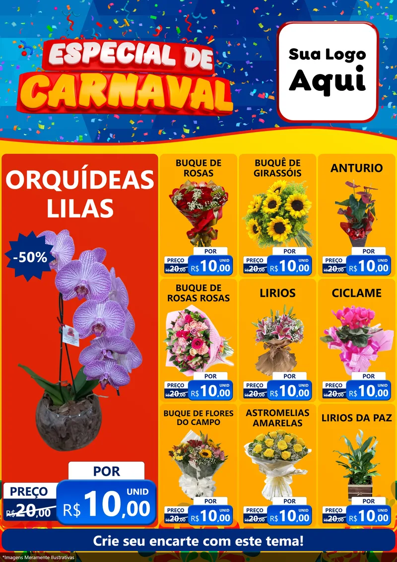 Modelo de Encarte para Encarte A4 Vertical com o tema Especial de Carnaval para Floricultura e jardim
