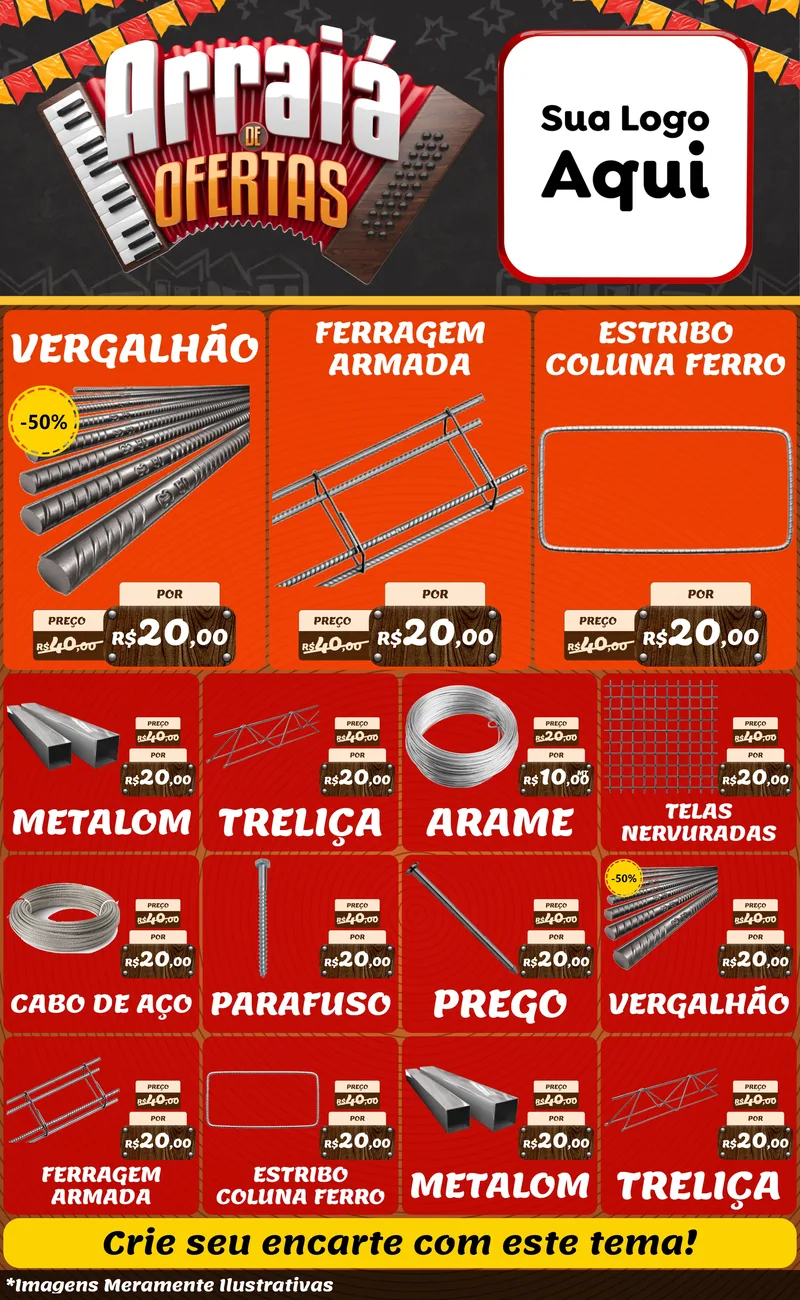 Modelo de Encarte para Encarte Grande com o tema Arraiá de Ofertas - Junina para Ferragens