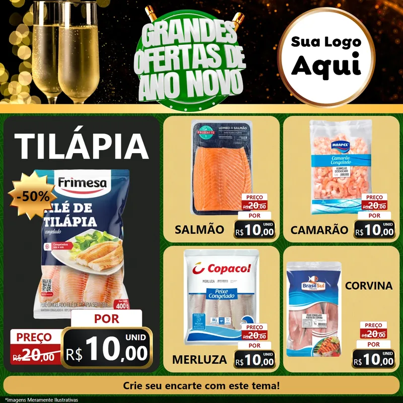 Modelo de Rede Social para Feed Facebook com o tema Grandes Ofertas de Ano Novo para Peixaria
