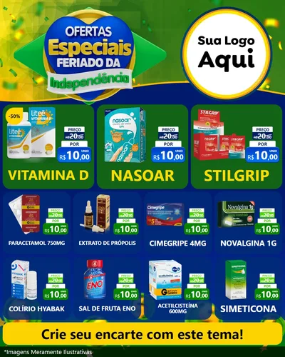Modelo de Rede Social para Feed Instagram com o tema Ofertas Especiais Feriado da Independência para Farmácia