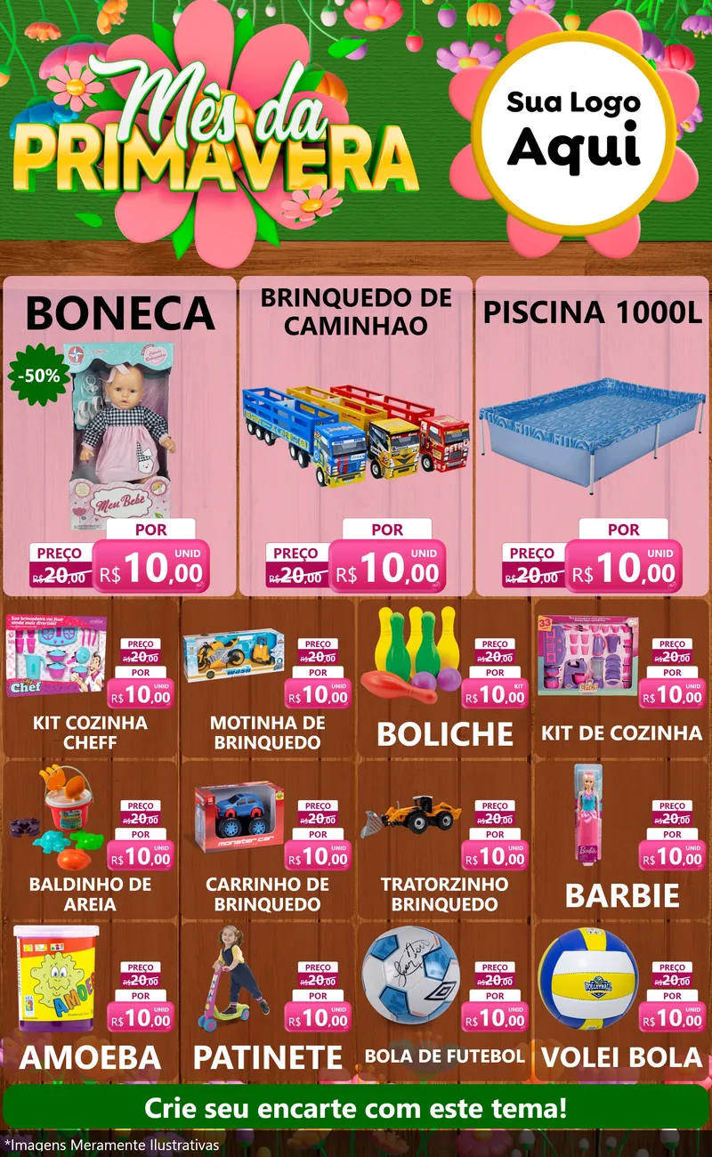 Modelo de Encarte para Encarte Grande com o tema Mês da Primavera para Brinquedos