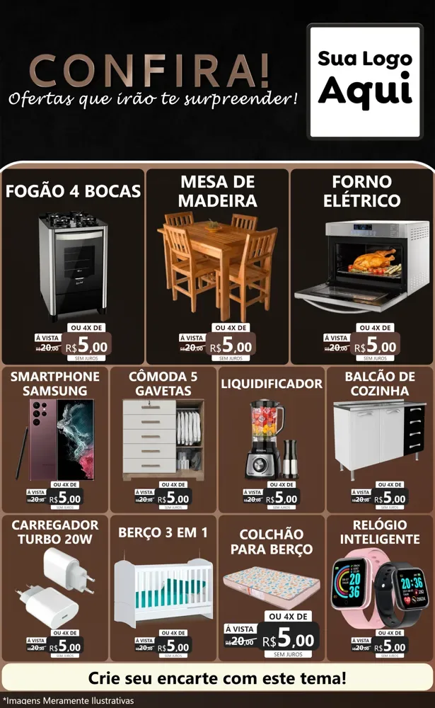 Modelo de Encarte para Encarte Grande com o tema Confira! Ofertas que irão te surpreender! para Móveis e Eletro