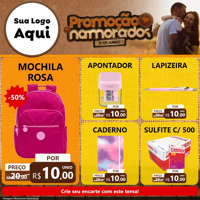 Modelo de Rede Social para Feed Facebook com o tema Promoção Namorados para Papelaria