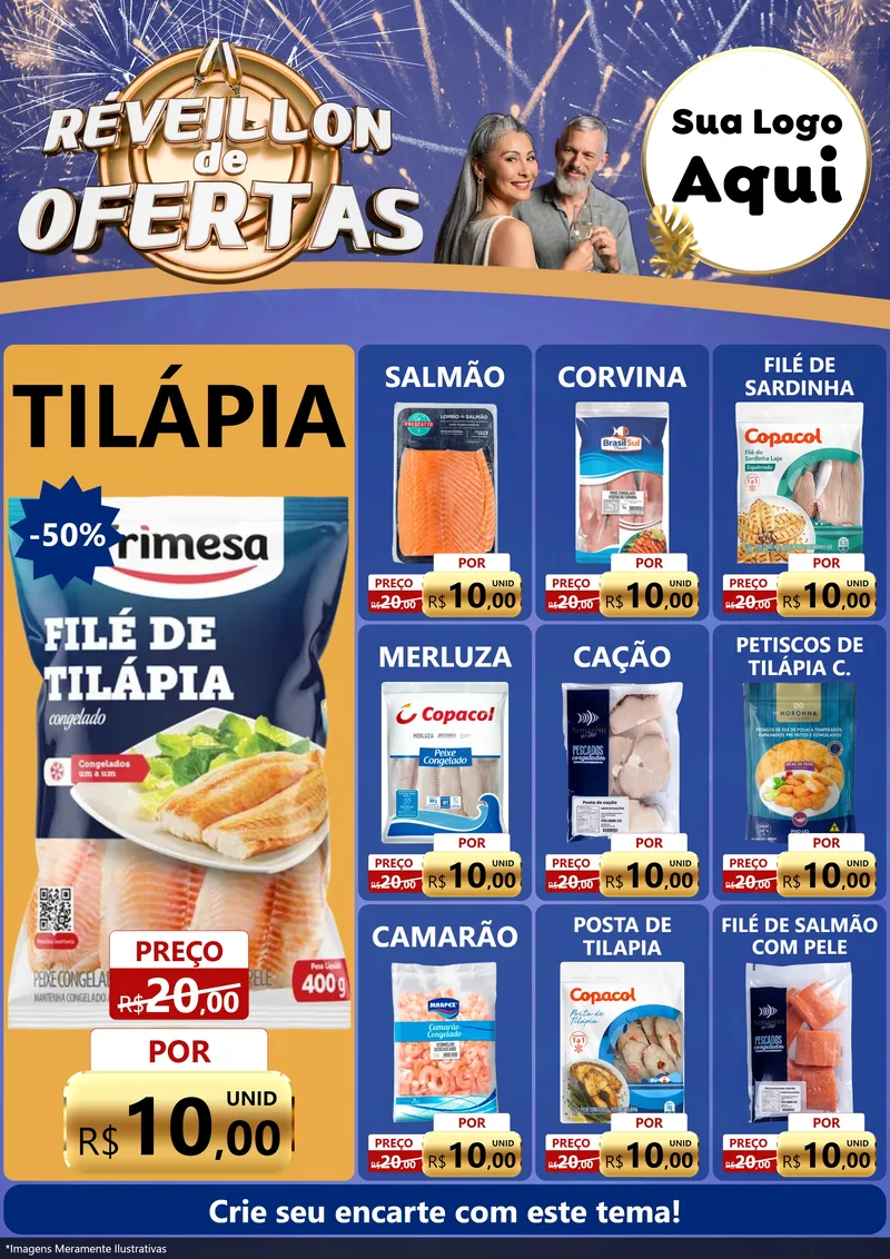 Modelo de Encarte para Encarte A4 Vertical com o tema Réveillon de Ofertas para Peixaria