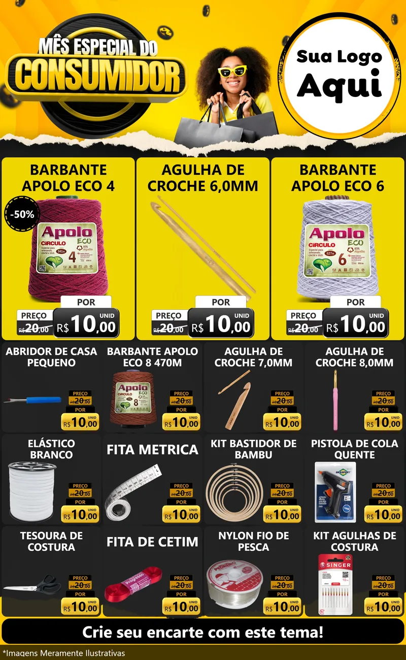 Modelo de Encarte para Encarte Grande com o tema Mês Especial do Consumidor para Armarinho e Aviamentos