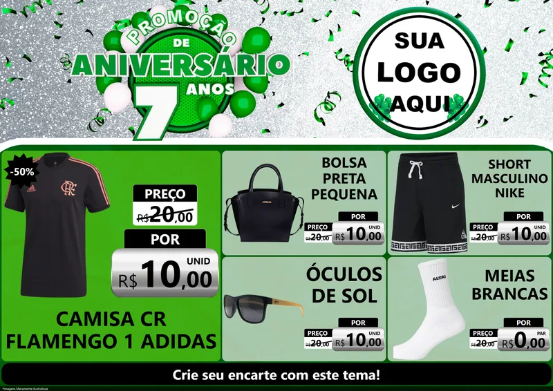 Modelo de Encarte para Encarte A4 Horizontal com o tema Promoção de Aniversário - 7 Anos para Roupas e acessórios