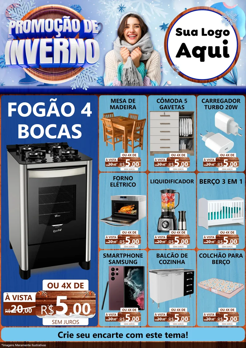 Modelo de Encarte para Encarte A4 Vertical com o tema Promoção de Inverno para Móveis e Eletro