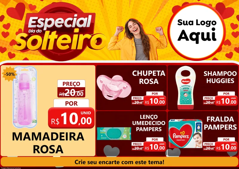 Modelo de Encarte para Encarte A4 Horizontal com o tema Especial Dia do Solteiro para Bebês