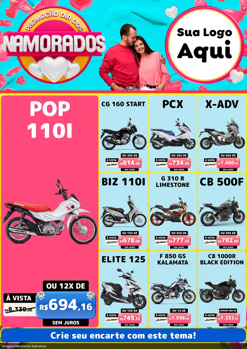 Modelo de Encarte para Encarte A4 Vertical com o tema Promoção Dia dos Namorados para Concessionaria de Motos