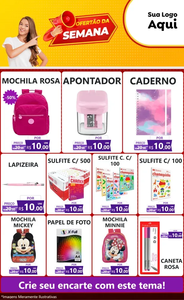 Modelo de Encarte para Encarte Grande com o tema Ofertão da Semana para Papelaria