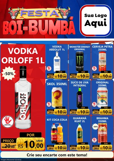 Modelo de Encarte para Encarte A4 Vertical com o tema Festa Boi Bumbá para Distribuidora de bebidas