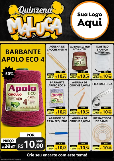 Modelo de Encarte para Encarte A4 Vertical com o tema Quinzena Maluca para Armarinho e Aviamentos