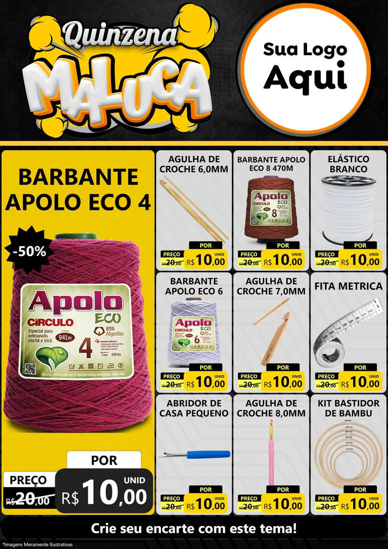Modelo de Encarte para Encarte A4 Vertical com o tema Quinzena Maluca para Armarinho e Aviamentos
