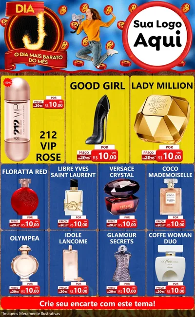 Modelo de Encarte para Encarte Grande com o tema Dia J - O Dia Mais Barato Do Mês para Perfumes