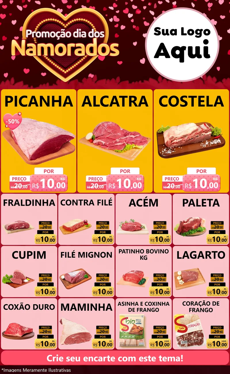 Modelo de Encarte para Encarte Grande com o tema Promoção Dia Dos Namorados para Açougue