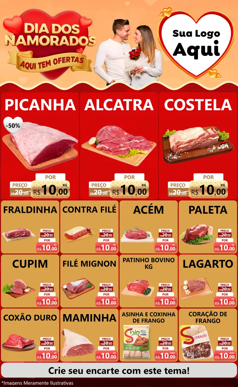 Modelo de Encarte para Encarte Grande com o tema Dia dos Namorados - Aqui Tem Ofertas para Açougue