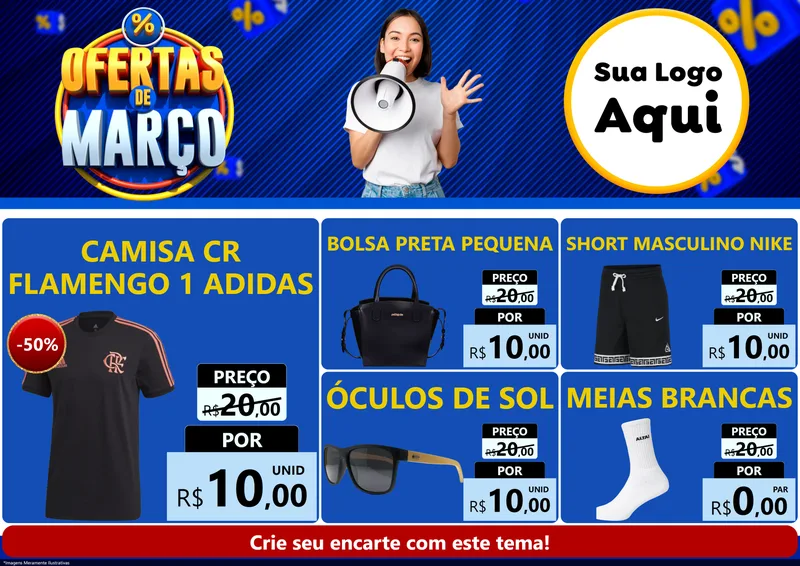 Modelo de Encarte para Encarte A4 Horizontal com o tema Ofertas de Março para Roupas e acessórios