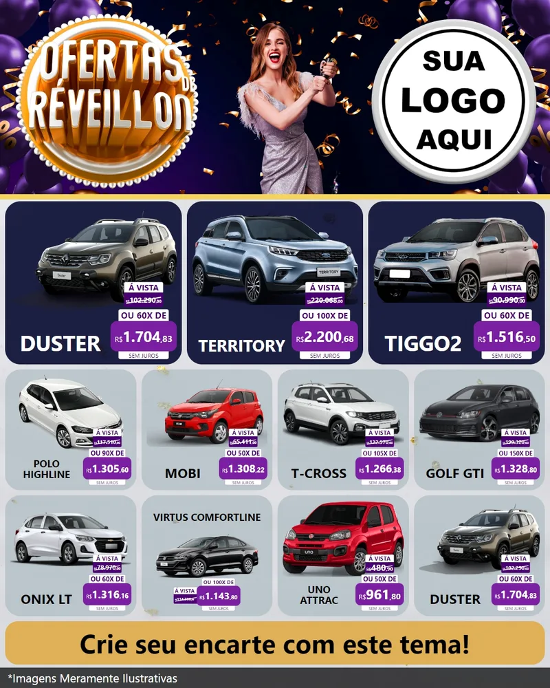 Modelo de Rede Social para Feed Instagram com o tema Ofertas de Réveillon para Concessionaria de Carros