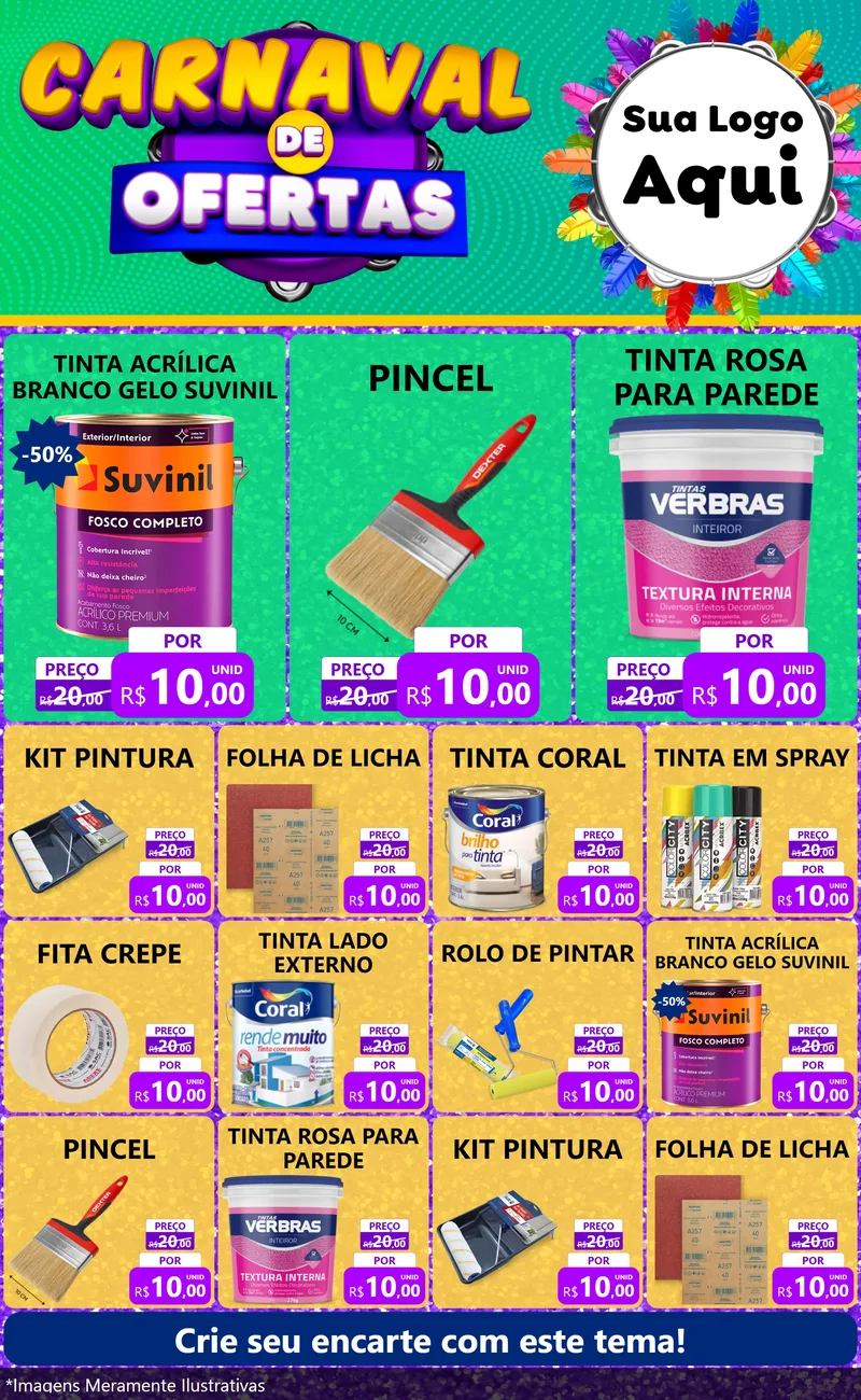 Modelo de Encarte para Encarte Grande com o tema Carnaval de Ofertas para Tintas e Ferramentas