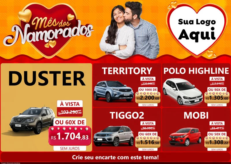 Modelo de Encarte para Encarte A4 Horizontal com o tema Mês dos Namorados para Concessionaria de Carros