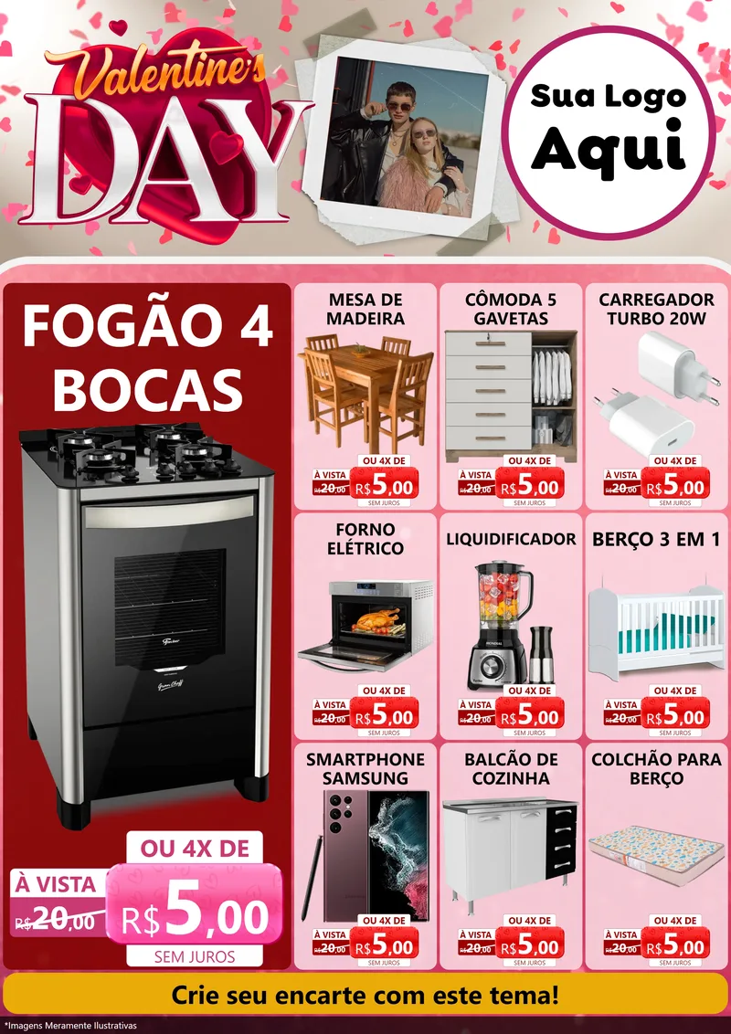 Modelo de Encarte para Encarte A4 Vertical com o tema Valentine's Day para Móveis e Eletro