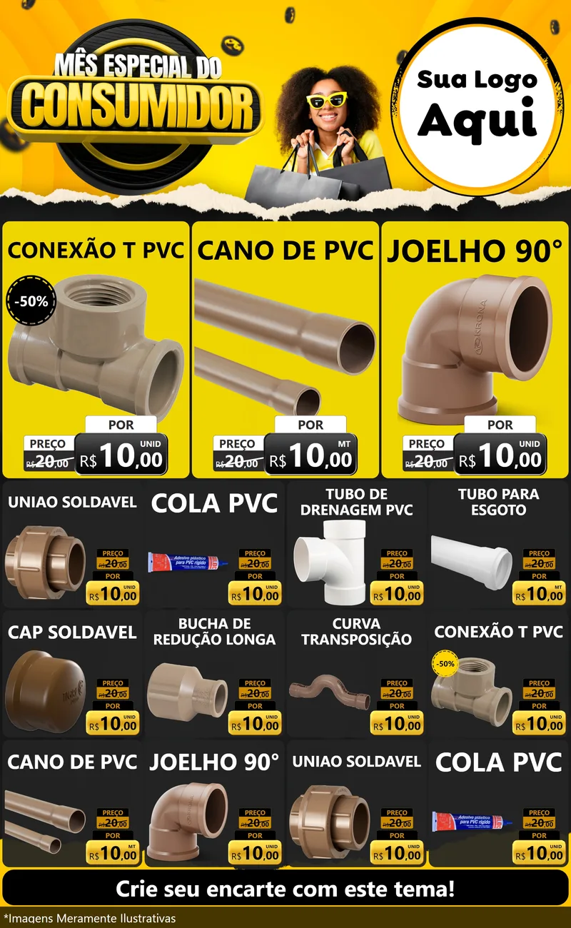 Modelo de Encarte para Encarte Grande com o tema Mês Especial do Consumidor para Tubos e conexões