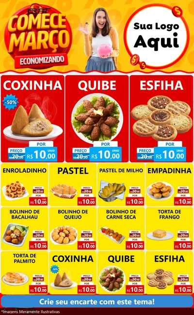 Modelo de Encarte para Encarte Grande com o tema Comece Março Economizando para Salgadaria