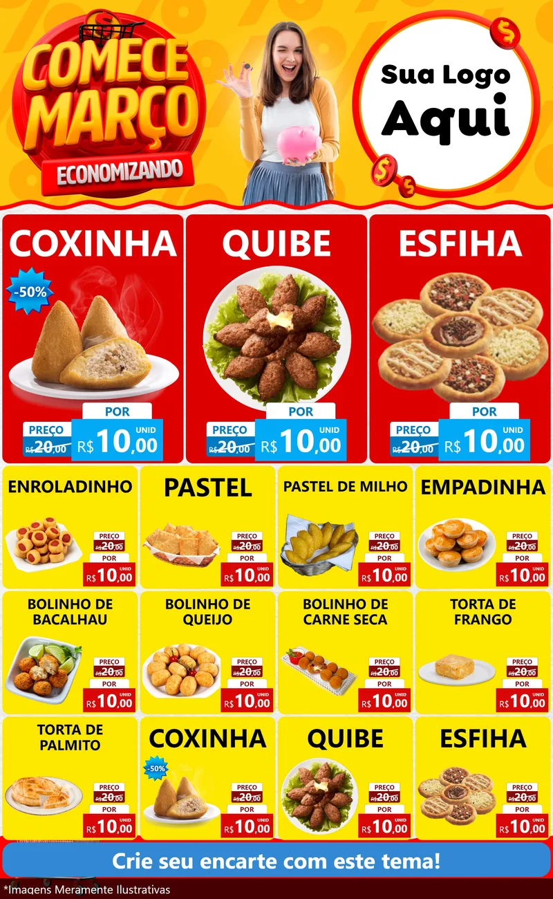 Modelo de Encarte para Encarte Grande com o tema Comece Março Economizando para Salgadaria