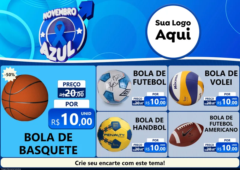 Modelo de Encarte para Encarte A4 Horizontal com o tema Novembro Azul para Artigos Esportivos