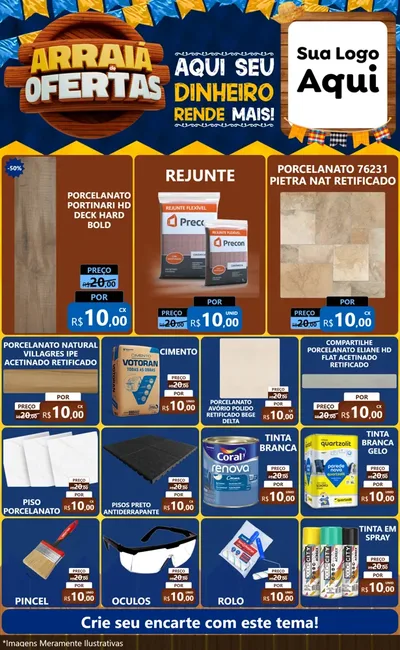 Modelo de Encarte para Encarte Grande com o tema Arraiá de Ofertas - Junina para Pisos e revestimentos
