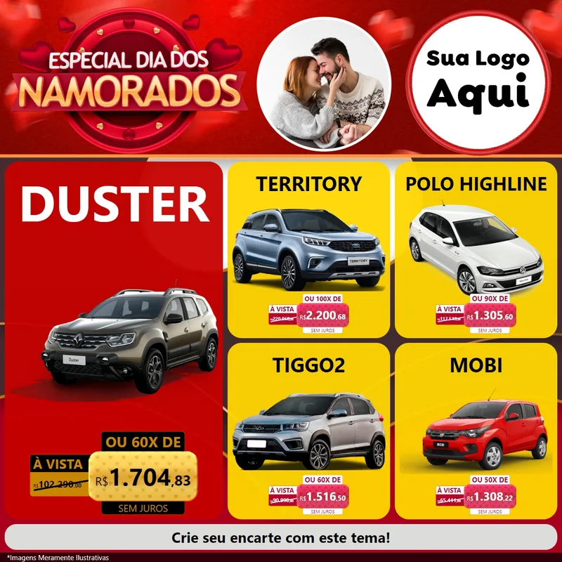 Modelo de Rede Social para Feed Facebook com o tema Especial Dia Dos Namorados para Concessionaria de Carros