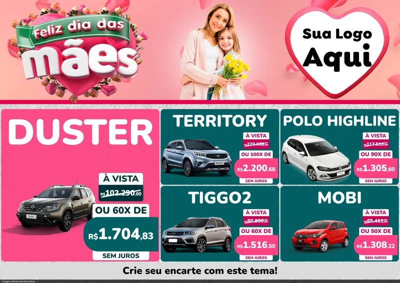 Modelo de Encarte para Encarte A4 Horizontal com o tema Feliz Dia das Mães para Concessionaria de Carros