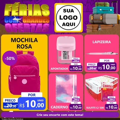 Modelo de Rede Social para Feed Facebook com o tema Férias com Grandes Ofertas para Papelaria