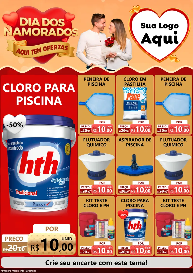 Modelo de Encarte para Encarte A4 Vertical com o tema Dia dos Namorados - Aqui Tem Ofertas para Produtos para Piscina