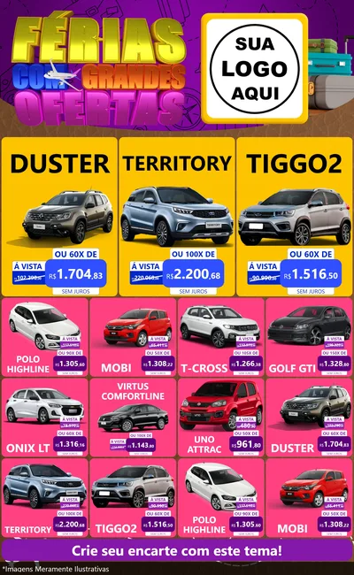 Modelo de Encarte para Encarte Grande com o tema Férias com Grandes Ofertas para Concessionaria de Carros