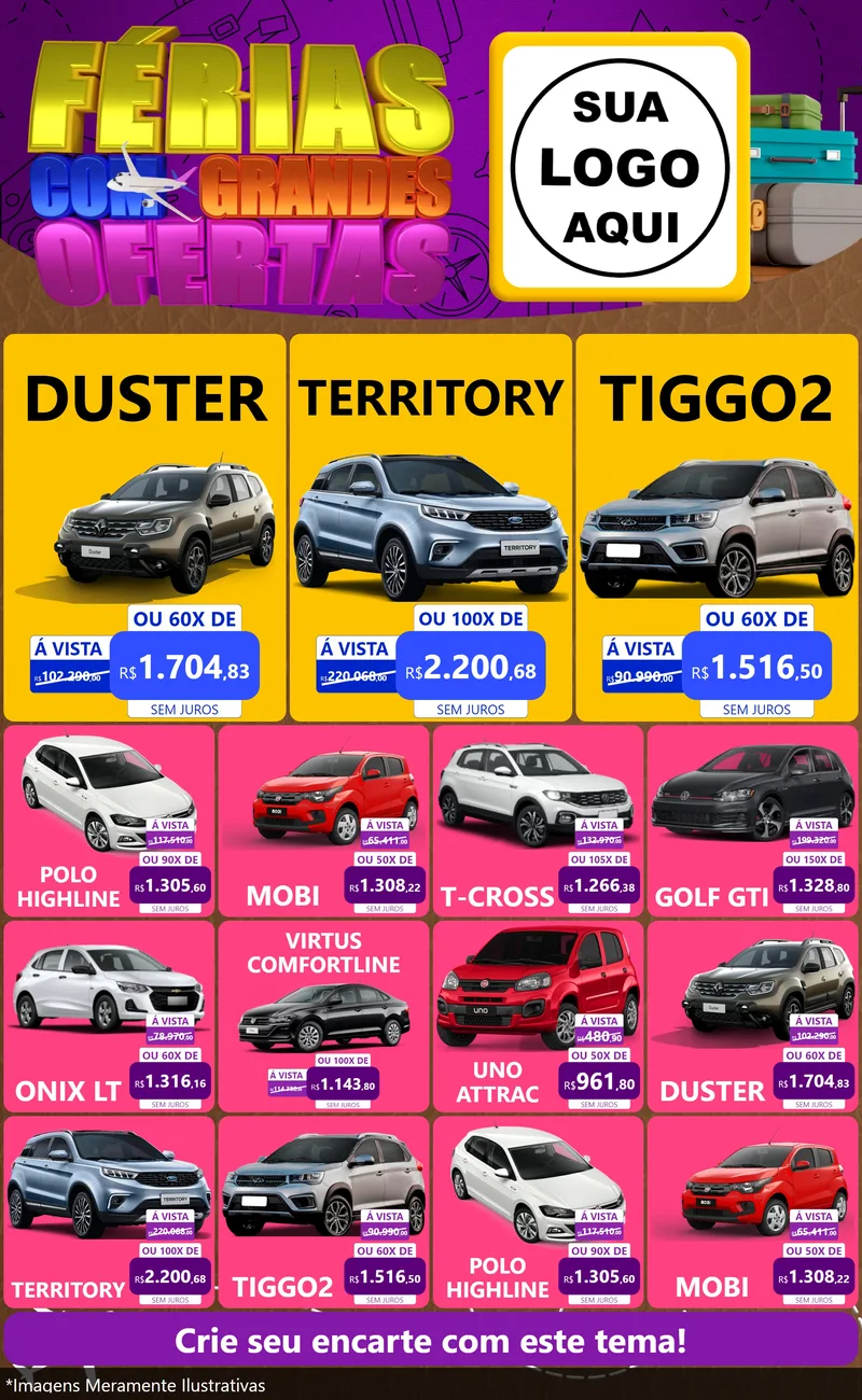 Modelo de Encarte para Encarte Grande com o tema Férias com Grandes Ofertas para Concessionaria de Carros