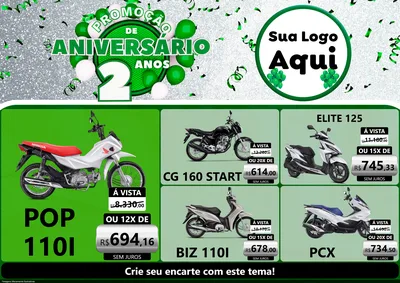 Modelo de Encarte para Encarte A4 Horizontal com o tema Promoção de Aniversário - 2 Anos para Concessionaria de Motos