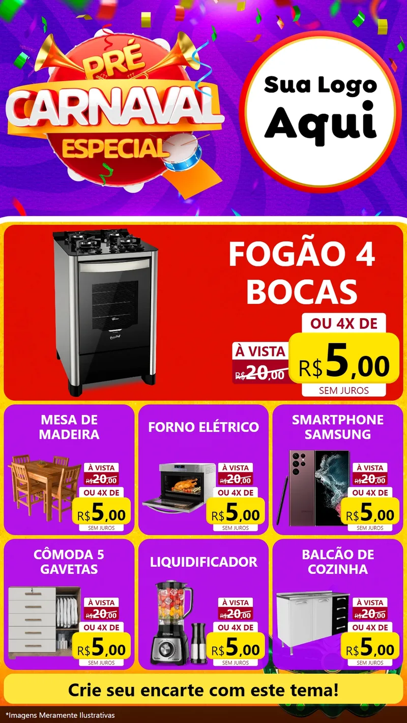 Modelo de Rede Social para Stories com o tema Pré-Carnaval Especial para Móveis e Eletro