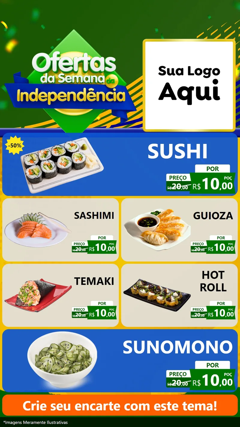 Modelo de TV para TV Vertical com o tema Ofertas da Semana da Independência para Comida japonesa