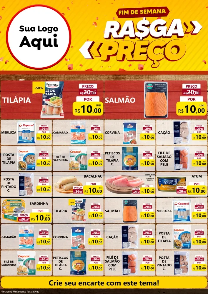Modelo de Encarte para Encarte A4 Vertical com o tema Fim de Semana Rasga Preços para Peixaria