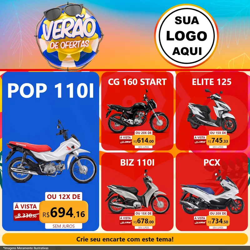Modelo de Rede Social para Feed Facebook com o tema Verão de Ofertas para Concessionaria de Motos