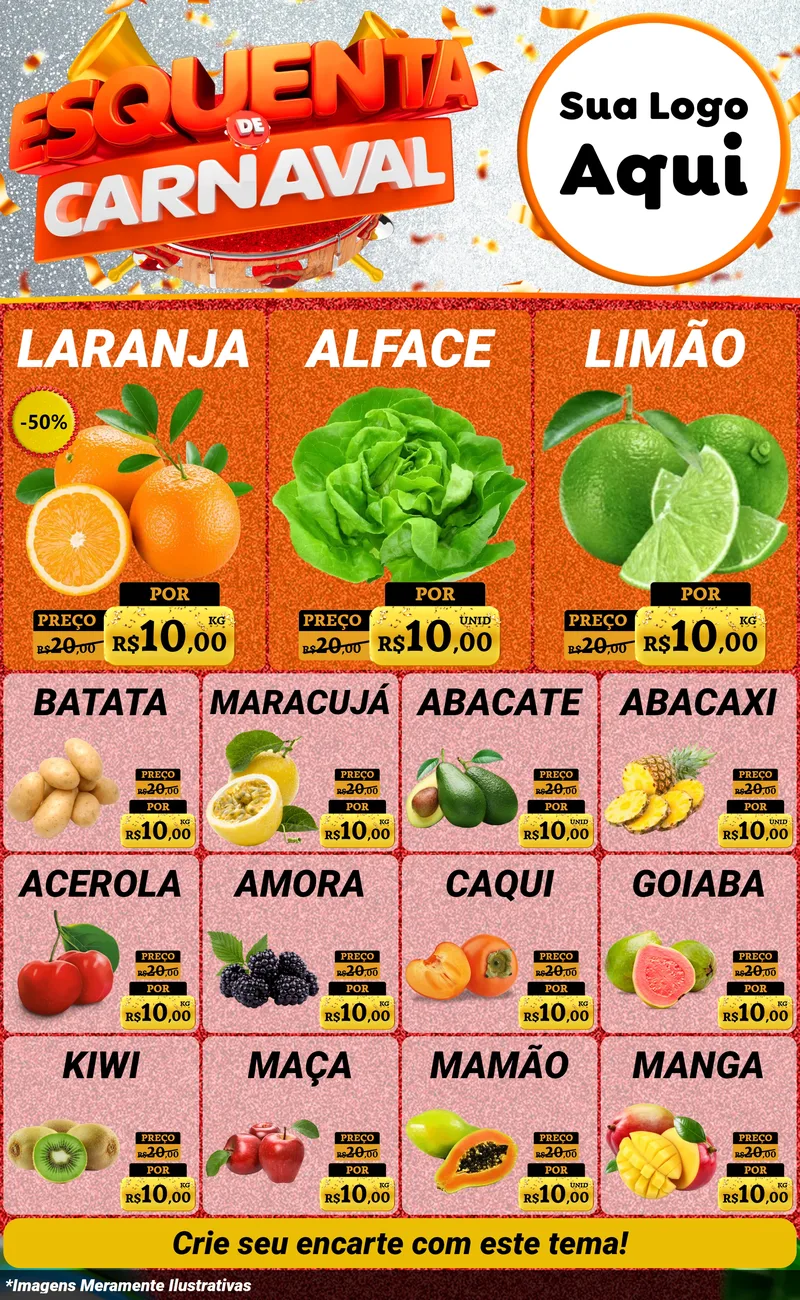Modelo de Encarte para Encarte Grande com o tema Esquenta de Carnaval para Hortifrúti