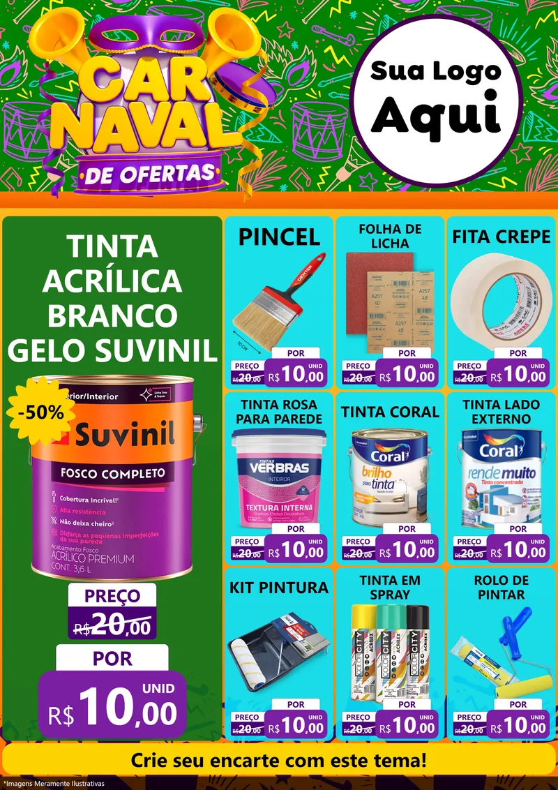 Modelo de Encarte para Encarte A4 Vertical com o tema Carnaval de Ofertas para Tintas e Ferramentas