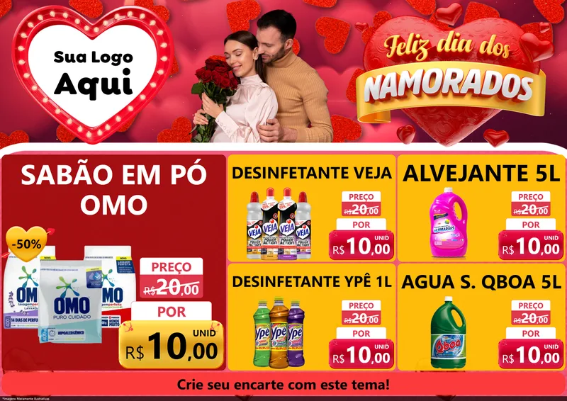 Modelo de Encarte para Encarte A4 Horizontal com o tema Feliz Dia Dos Namorados para Produtos de Limpeza