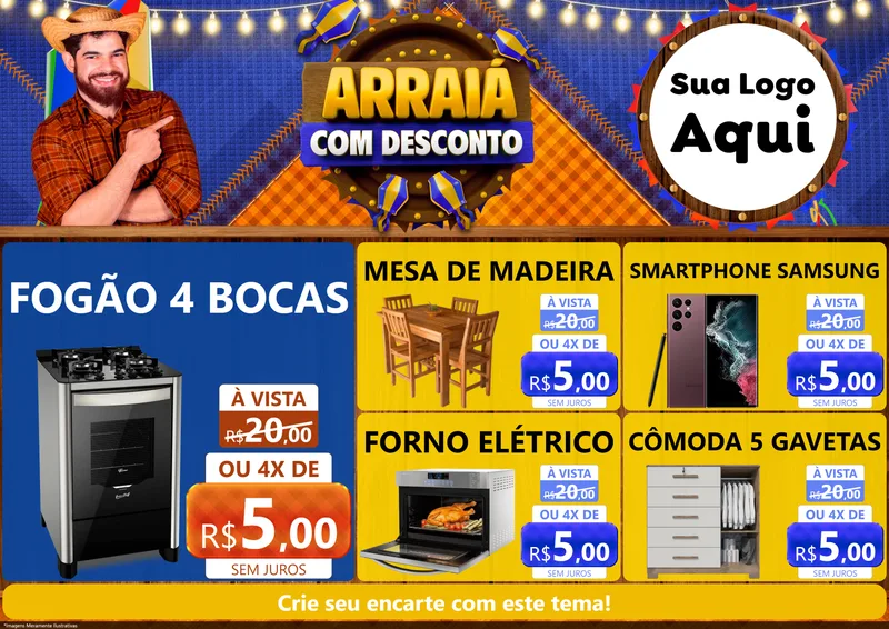 Modelo de Encarte para Encarte A4 Horizontal com o tema Arraiá Com Desconto para Móveis e Eletro