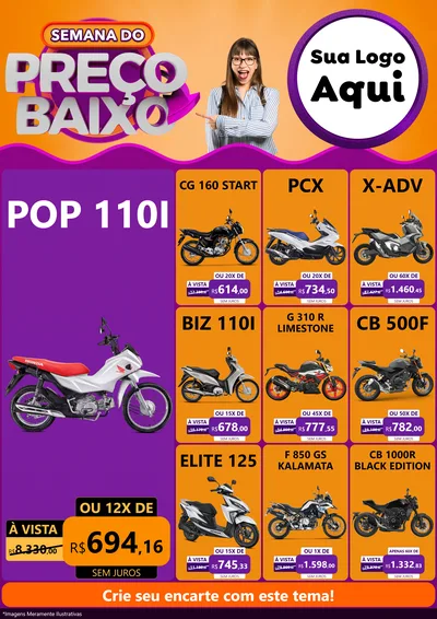 Modelo de Encarte para Encarte A4 Vertical com o tema Semana do Preço Baixo para Concessionaria de Motos