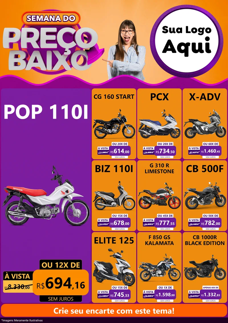 Modelo de Encarte para Encarte A4 Vertical com o tema Semana do Preço Baixo para Concessionaria de Motos