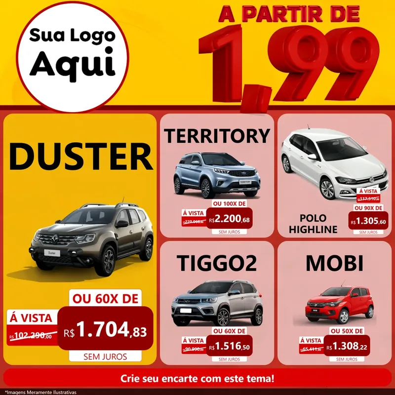 Modelo de Rede Social para Feed Facebook com o tema A Partir de Um e Noventa e Nove - 1,99 para Concessionaria de Carros