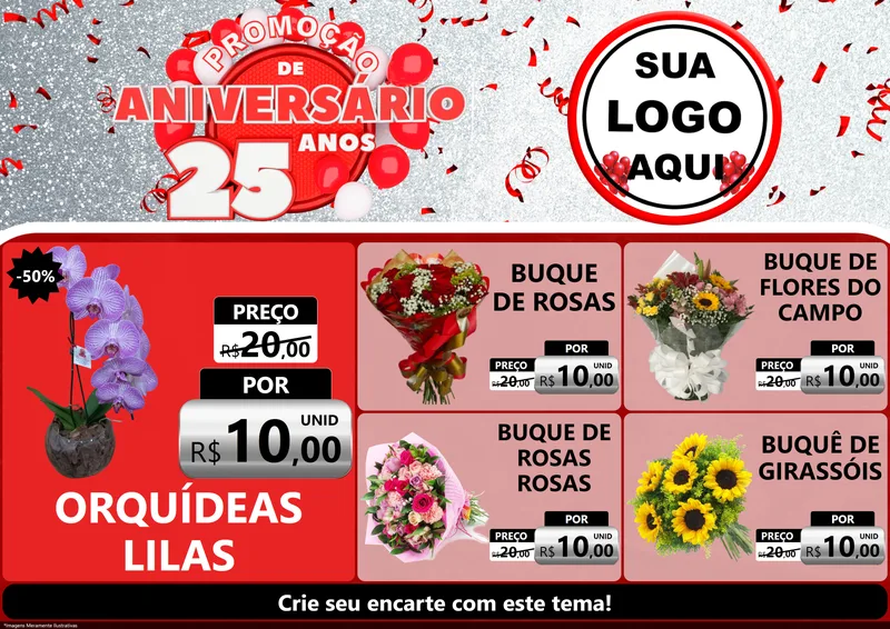 Modelo de Encarte para Encarte A4 Horizontal com o tema Promoção de Aniversário - 25Anos para Floricultura e jardim