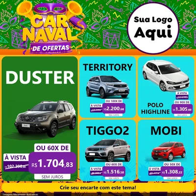 Modelo de Rede Social para Feed Facebook com o tema Carnaval de Ofertas para Concessionaria de Carros